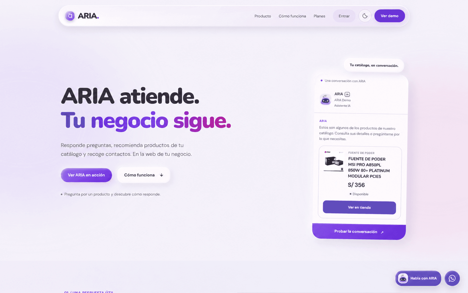 Vista de la web de ARIA IA editada para retirar la mascota del fondo